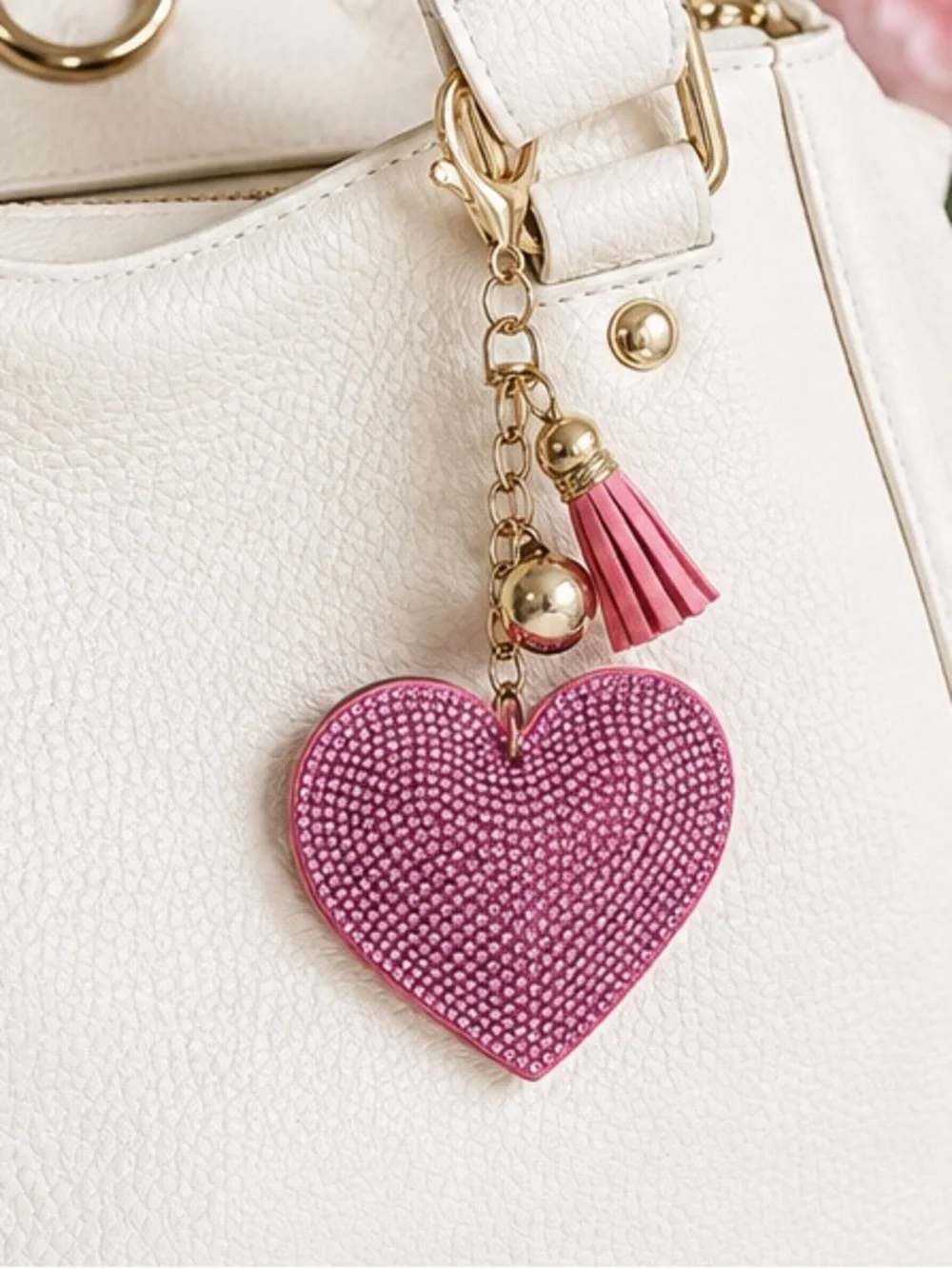 NEW - Pink Rhinestone Heart Bag Charm Keychain | Tassel & Gold Hardware